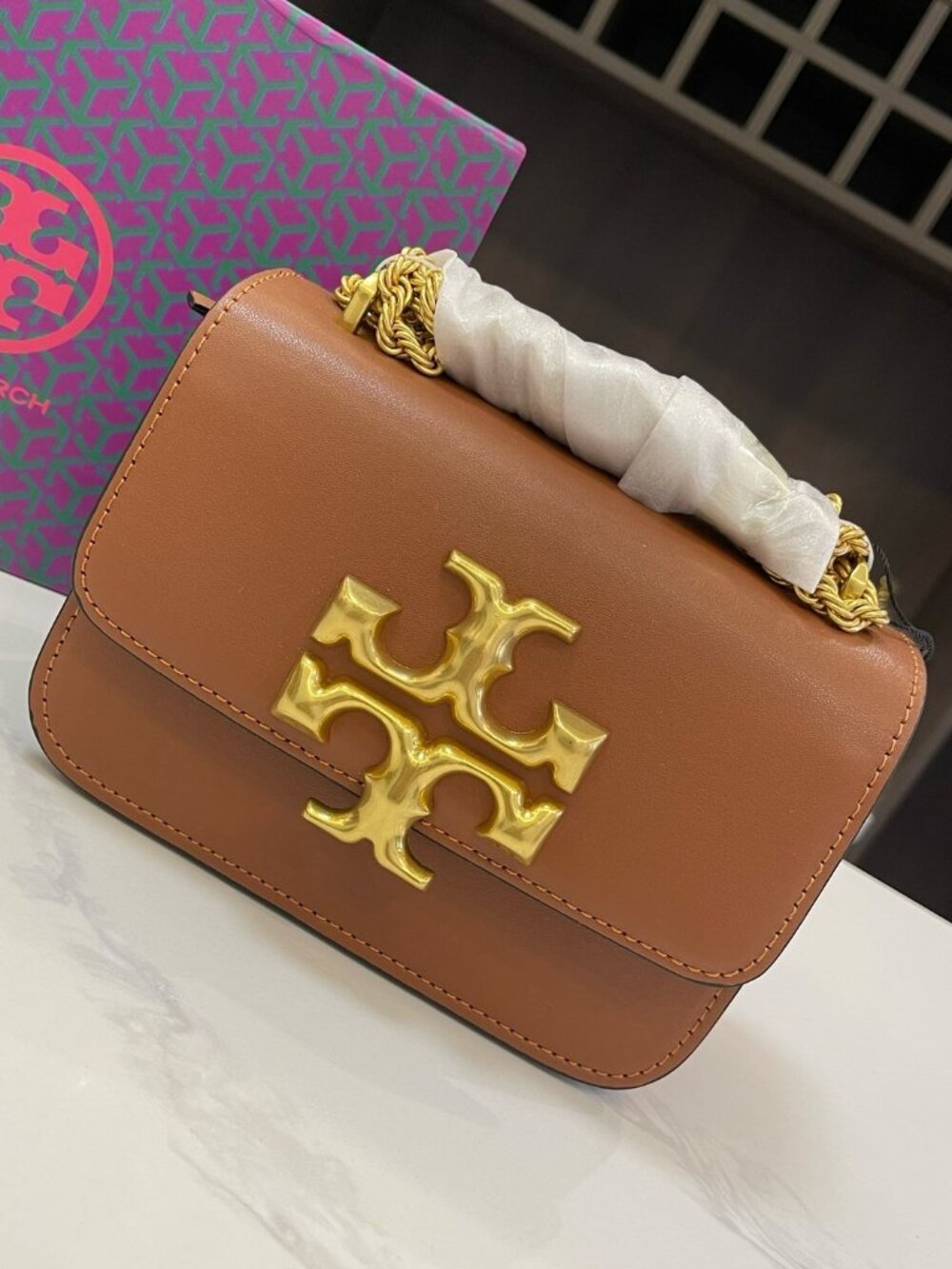 Tory Burch Eleanor Small Cognac Smooth Leather Gold Chain Crossbody Bag - Picture 2 of 6